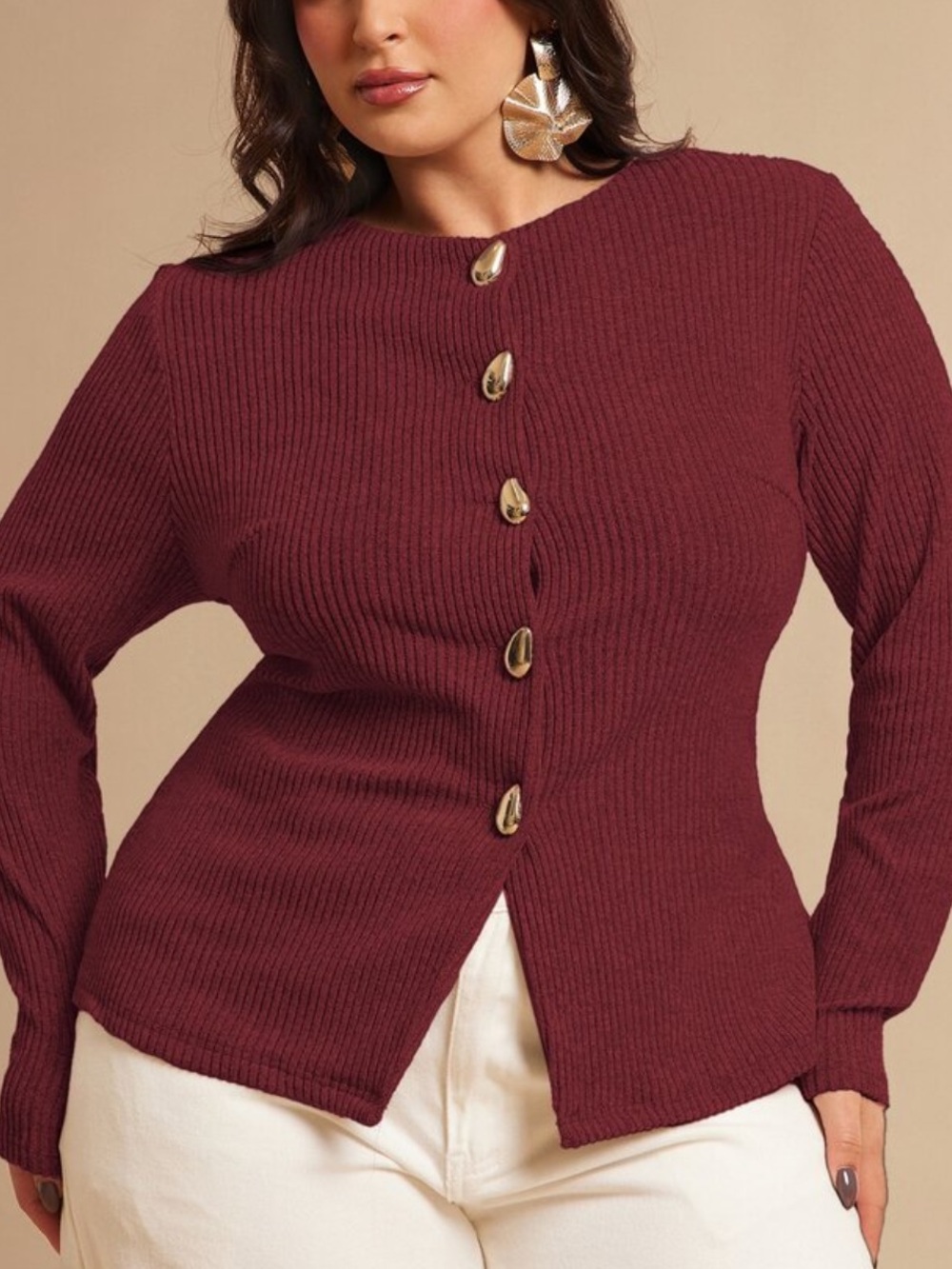 Burgundy Ribbed Button-Front Sweater - Picture 6 of 8